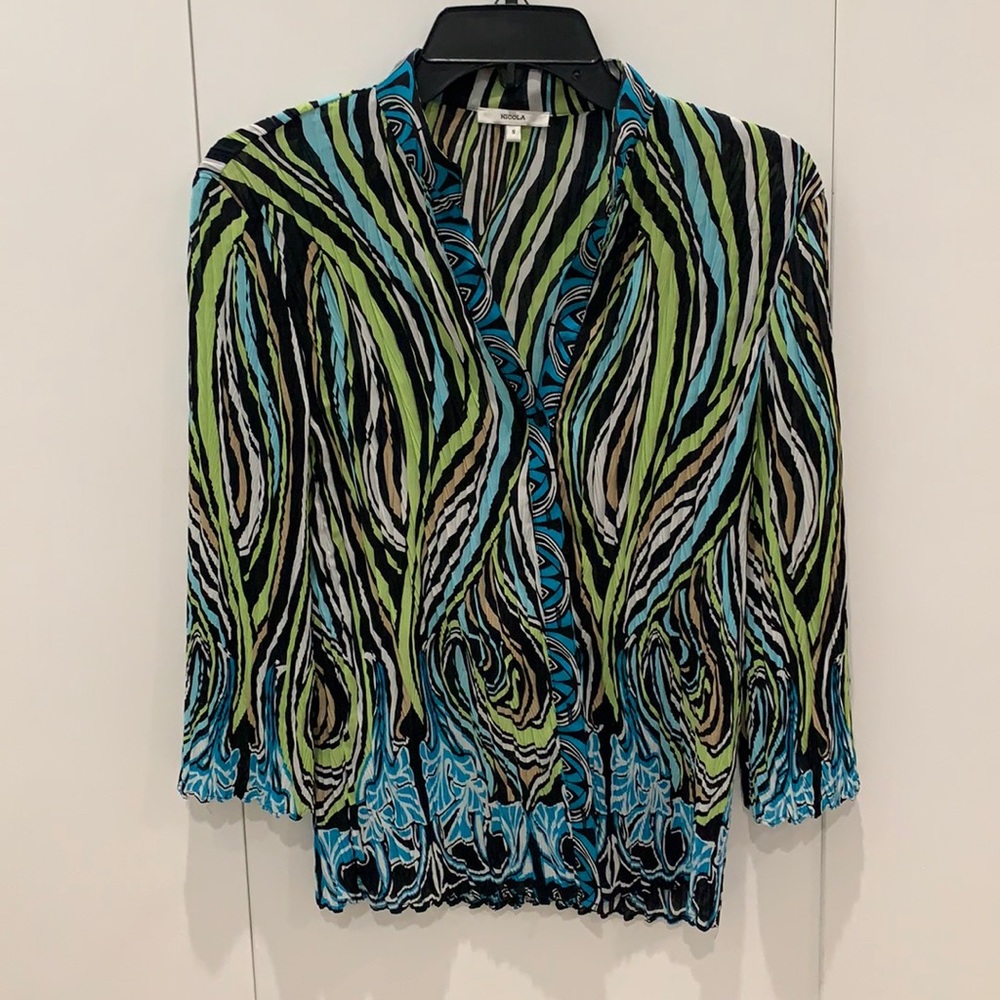 Nicola blouse. Size small. Blue, green, Black, tan